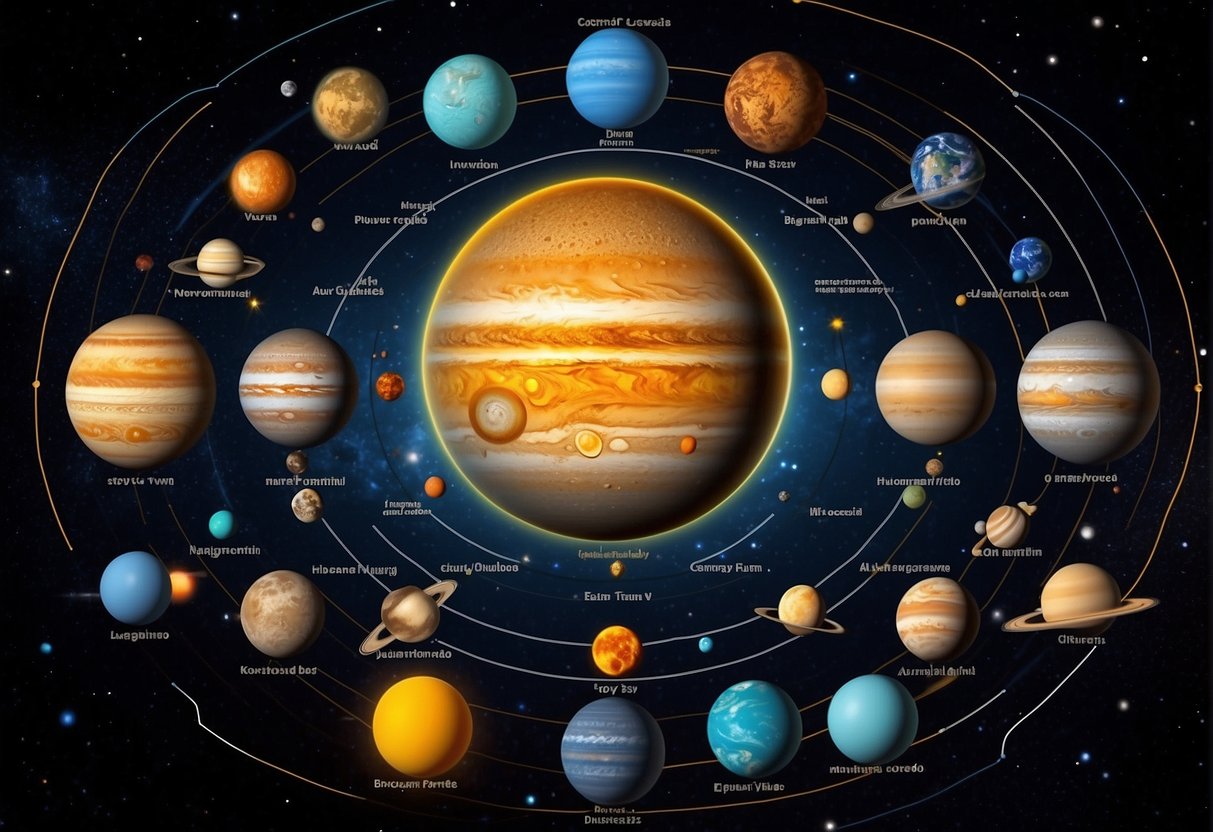 A colorful, detailed illustration of the solar system, with planets, moons, and stars arranged in a captivating and educational display