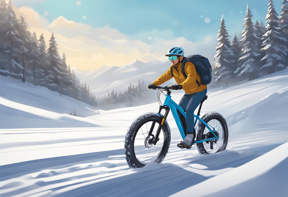 An e-bike with thick tires glides through a snowy landscape, leaving tracks in the fresh powder