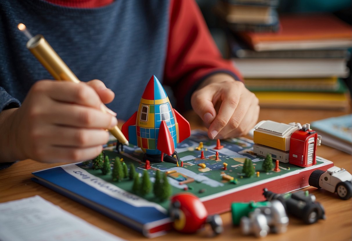 A child's hands assembling a model rocket surrounded by educational space posters and books
