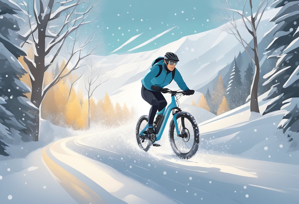 An e-bike powers through a snowy landscape, with snowflakes falling and tire tracks carving through the white terrain