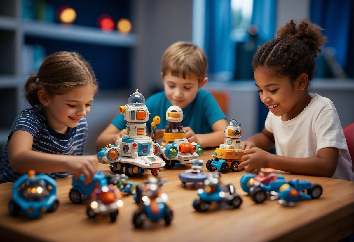 A group of children assemble space kits, surrounded by colorful educational materials and space-themed toys. The room is filled with excitement and curiosity as the young astronauts-in-training explore the wonders of outer space