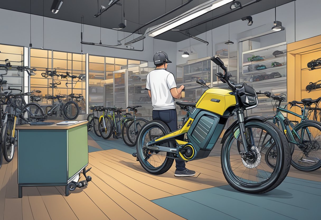 A person examining an ebike's frame, motor, battery, brakes, and display screen in a bike shop showroom