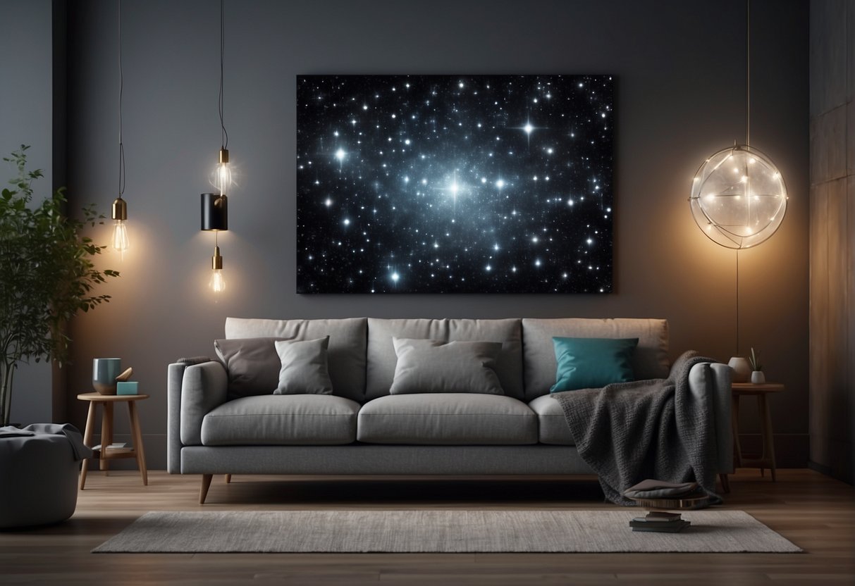 Space-Themed Home Decor : A living room with galaxy-printed throw pillows on a sleek gray couch, a constellation map hanging on the wall, and a star-shaped pendant light illuminating the space