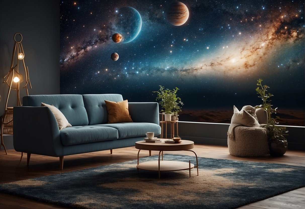 A living room with cosmic decor: galaxy-printed couch, starry rug, planetary coffee table, and constellation wall art