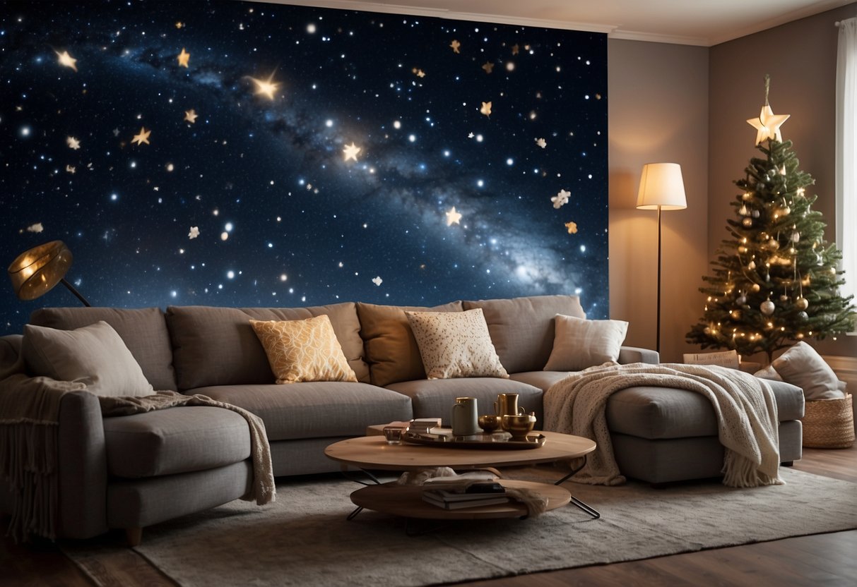 A cozy living room with star-shaped lights, galaxy-printed throw pillows, and a constellation wall mural, creating a celestial atmosphere
