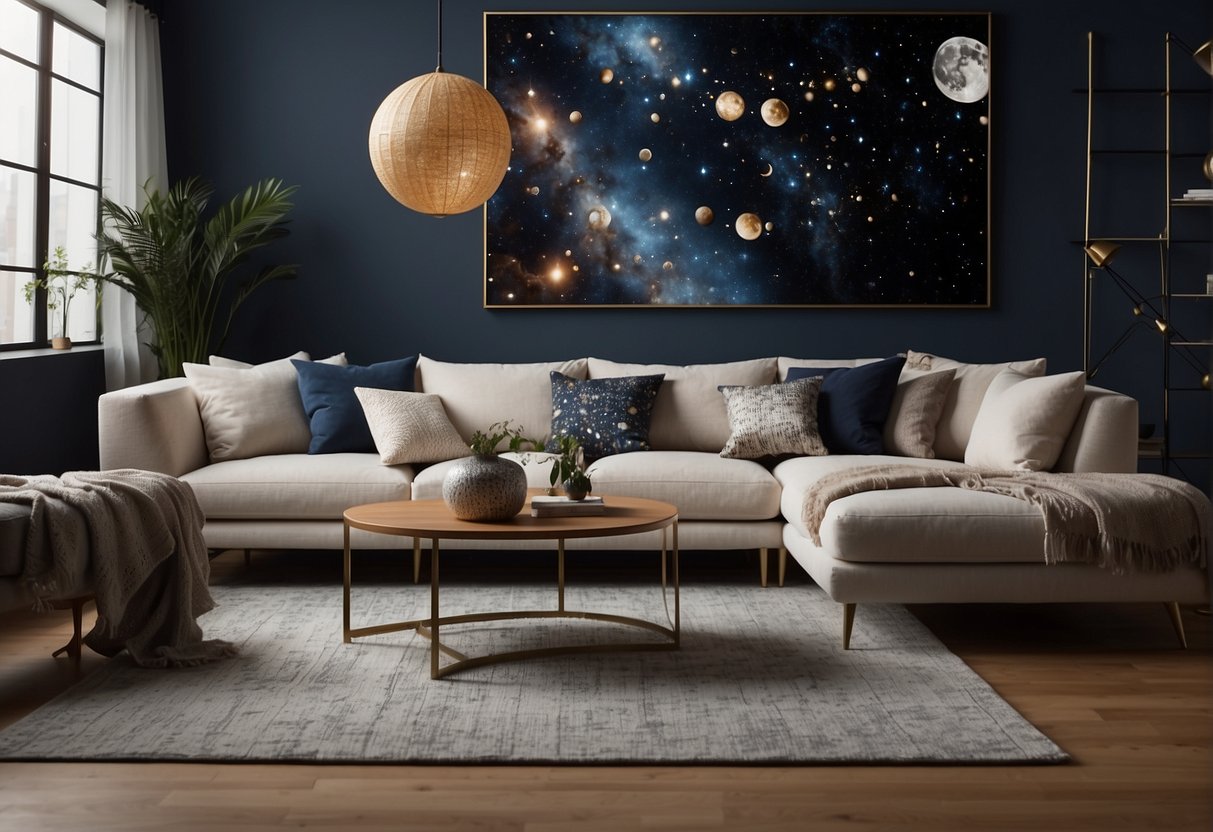 A living room with space-themed decor: galaxy-printed throw pillows on a sleek modern sofa, a constellation-patterned rug, and a metallic moon phase wall art