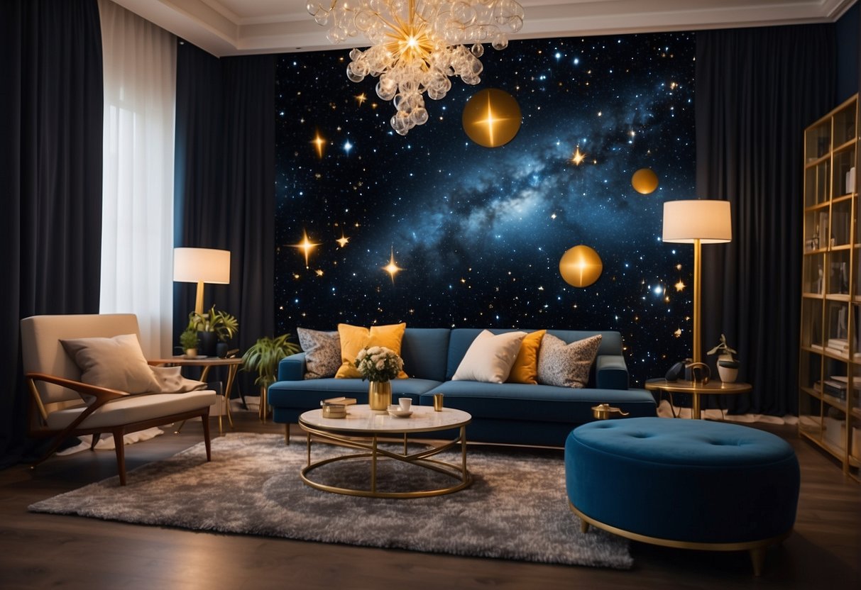 A celestial-themed living room with galaxy-printed curtains, star-shaped lamps, and a constellation rug under a telescope-inspired chandelier