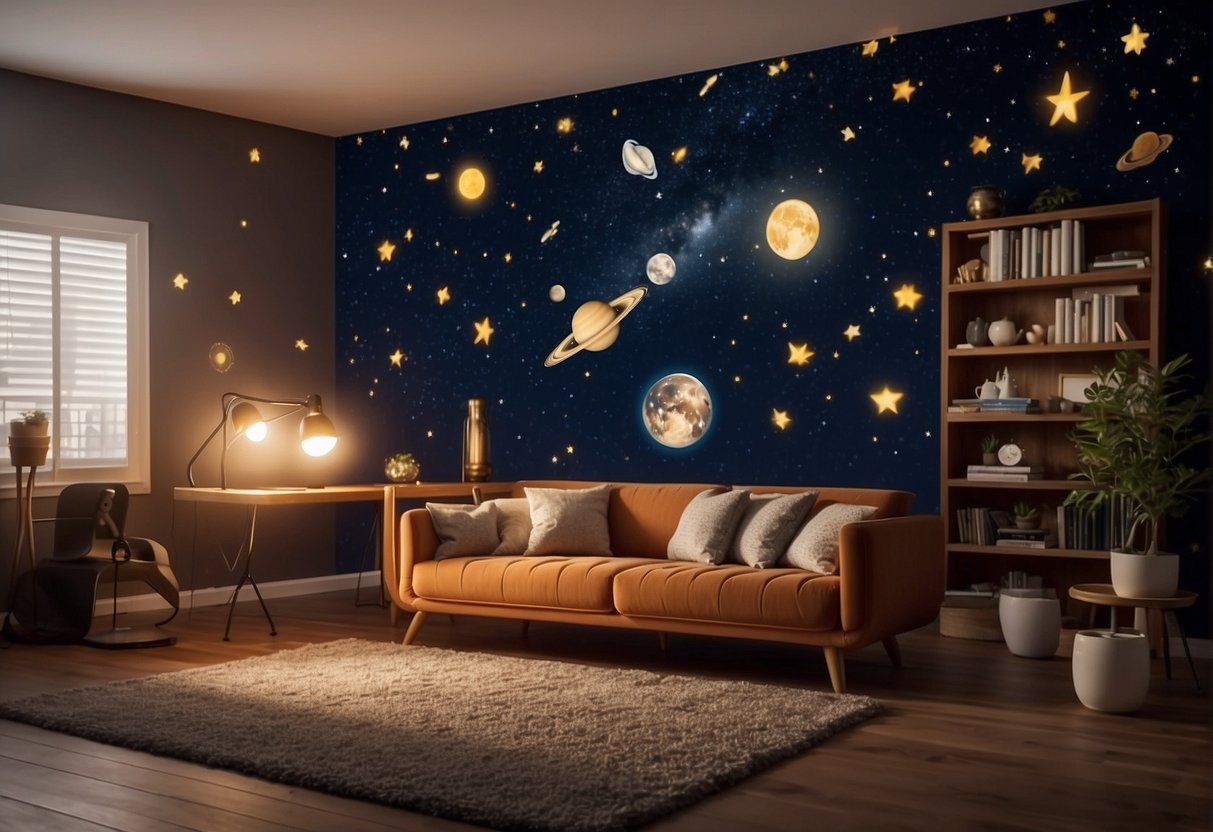 A rocket-shaped bookshelf floats above a starry rug, while planets and constellations adorn the walls. A glowing moon lamp illuminates the space-themed room