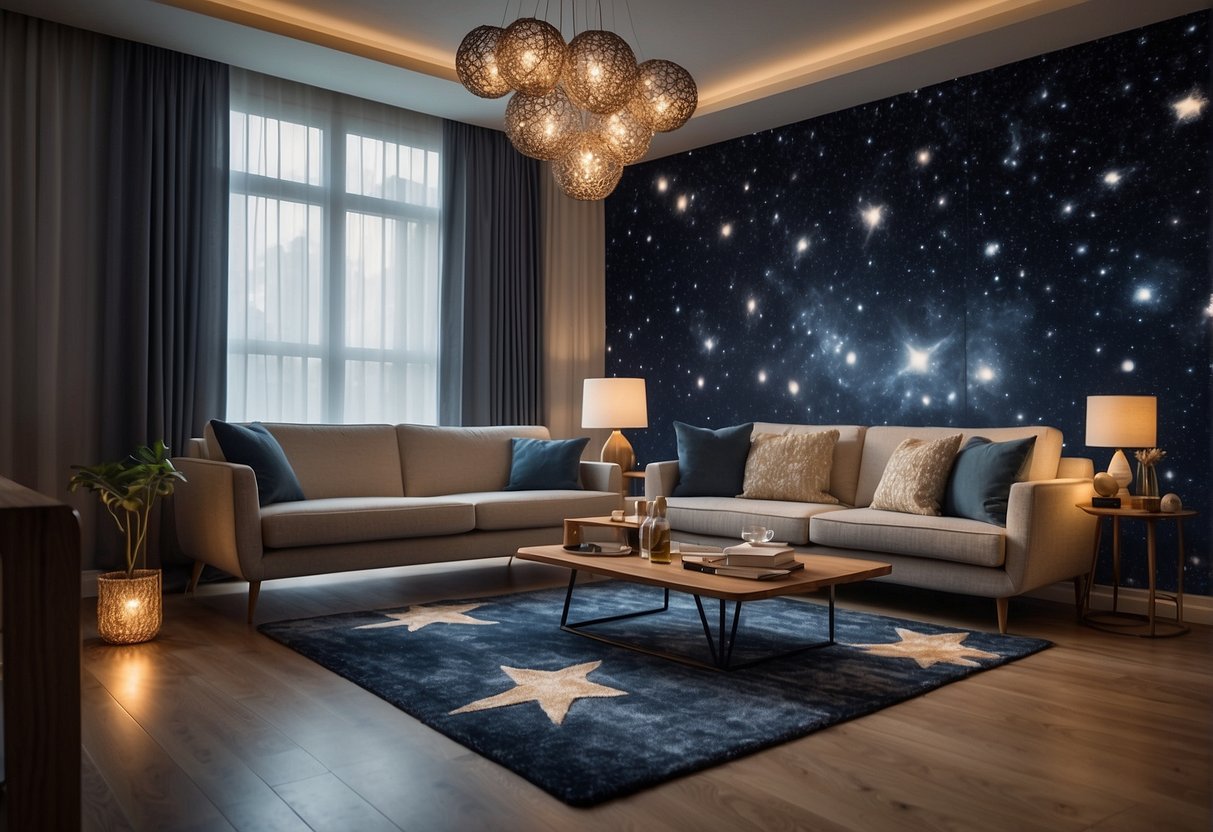 A living room with galaxy-printed curtains, star-shaped throw pillows, and a constellation rug. A rocket-shaped lamp illuminates the space-themed decor