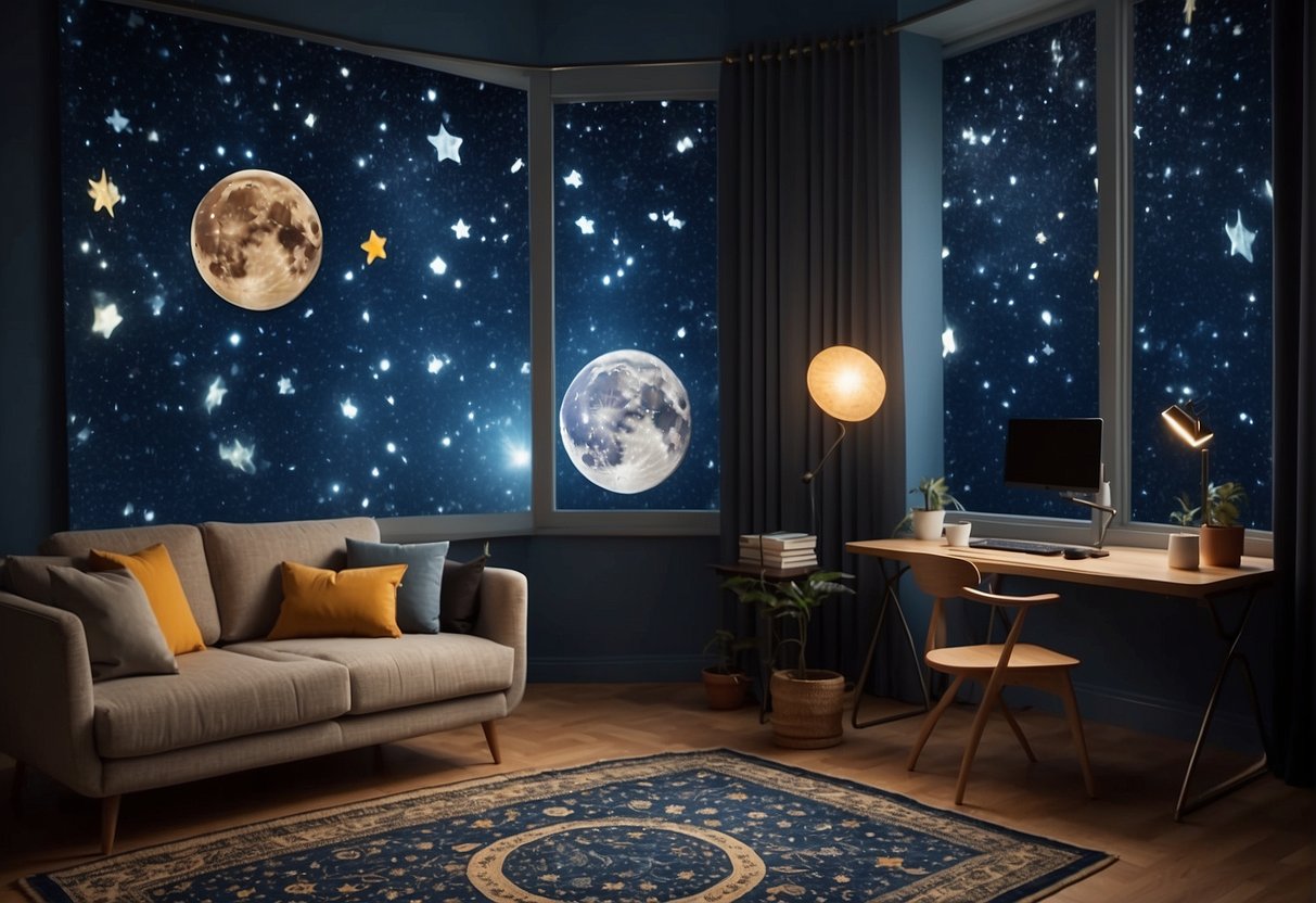 A room with celestial-themed decor: galaxy-printed curtains, star-shaped wall decals, and a constellation rug. A telescope sits by the window, and a moon-shaped lamp illuminates the space