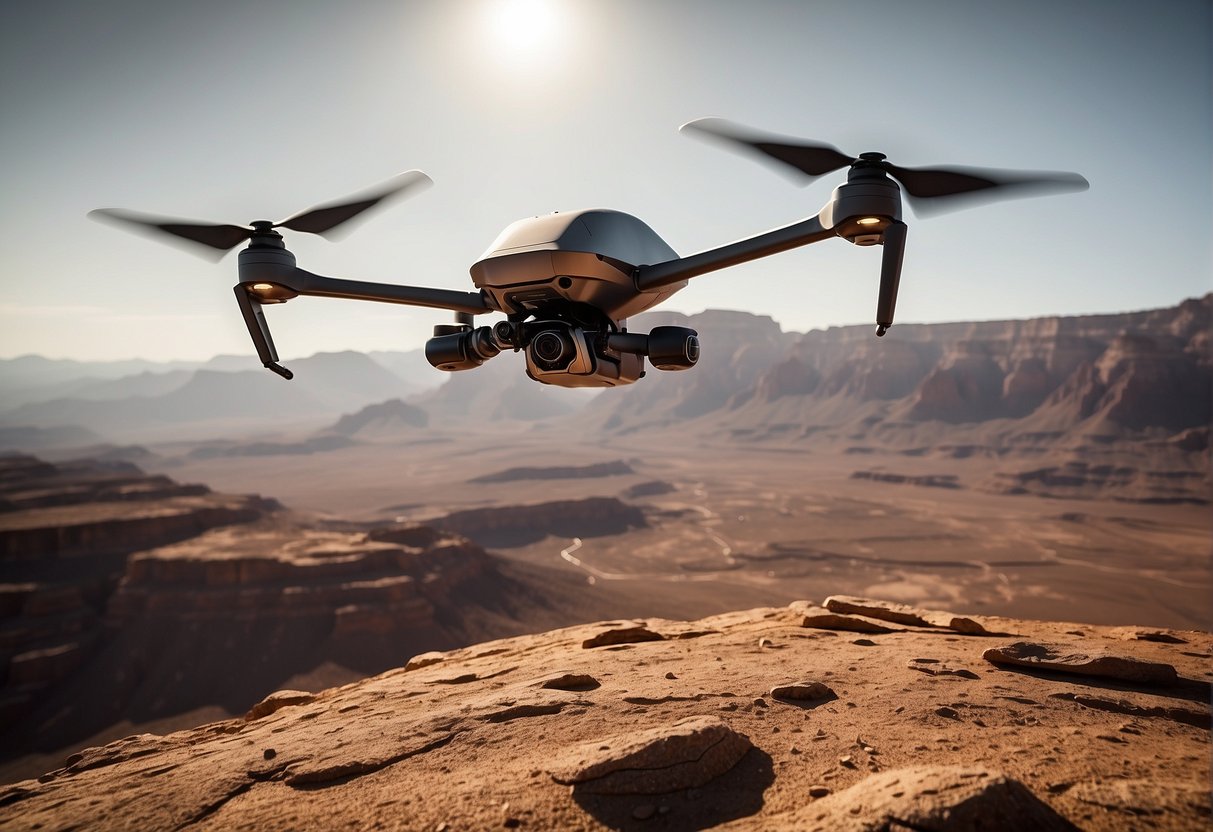 A sleek drone hovers above a rugged Martian landscape, its advanced technology allowing it to navigate the foreign terrain with ease