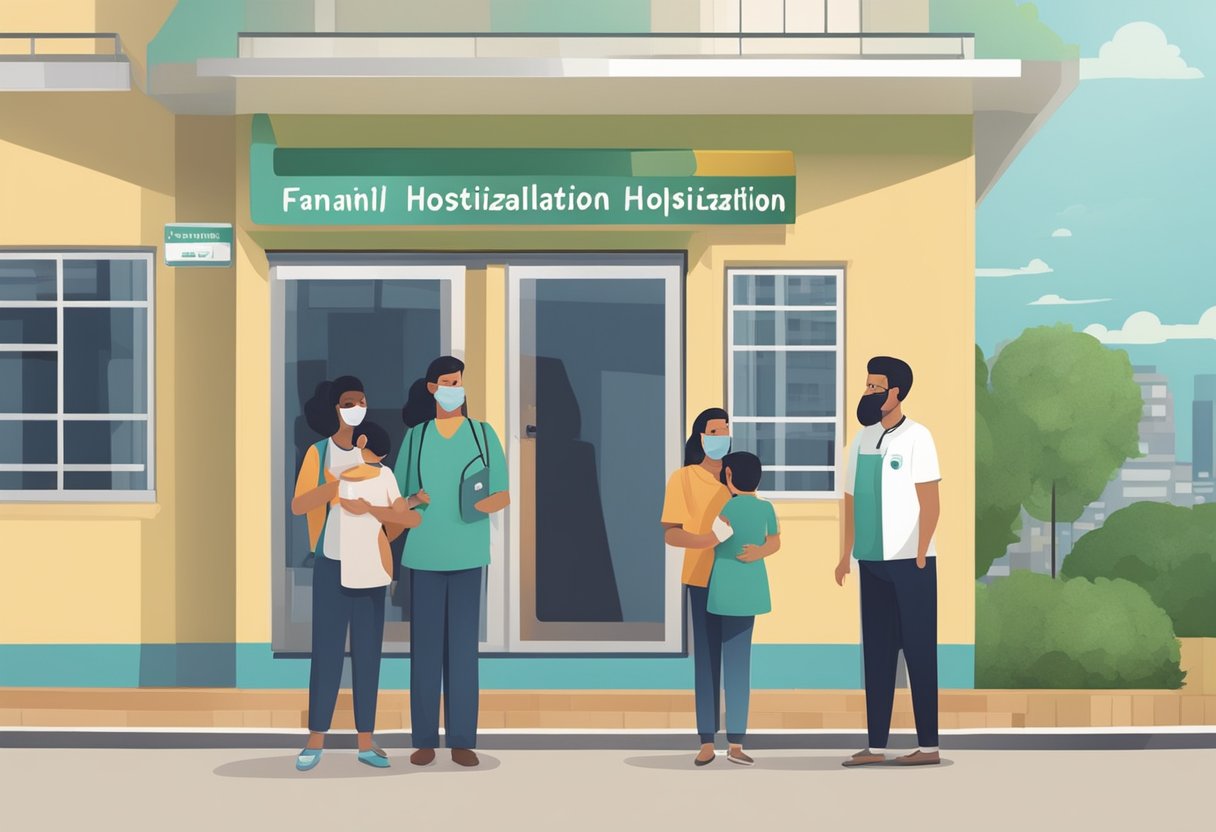 Internação Involuntária Curitiba: Entenda o Processo e Seus Direitos 3 A family standing outside a clinic in Curitiba, Brazil, with a sign reading "Involuntary Hospitalization" in Portuguese