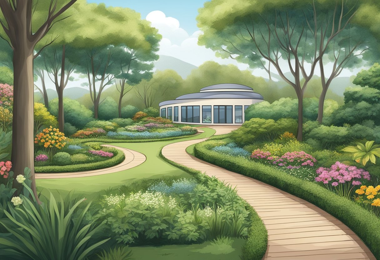 Internação Involuntária Curitiba: Entenda o Processo e Seus Direitos 5 A peaceful garden with a winding path leading to a tranquil and inviting mental health facility in Curitiba, Brazil