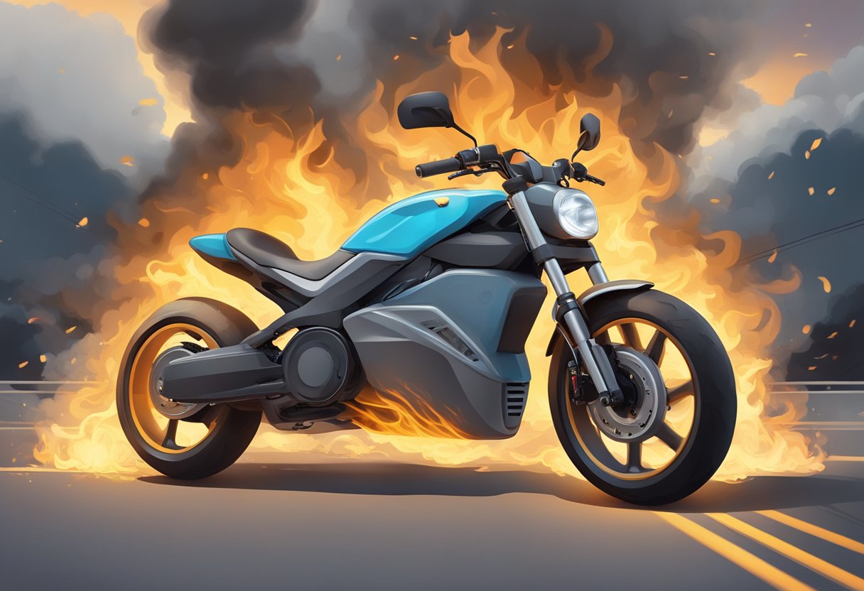 An electric bike engulfed in flames, smoke billowing from the battery compartment