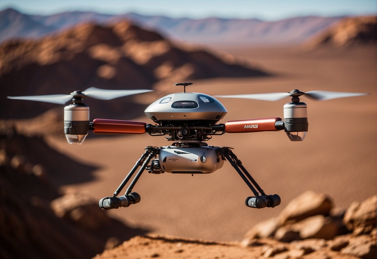 A Mars rotorcraft hovers over a rocky Martian landscape, showcasing advanced engineering and design. The red planet looms in the background, highlighting the technology behind consumer drones