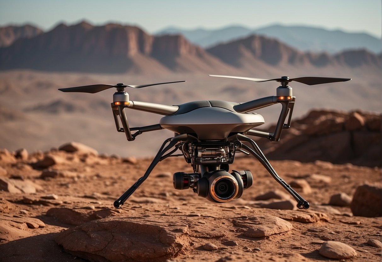 A sleek drone hovers above a rocky Martian landscape, its propellers whirring as it navigates the red planet's terrain. The intricate power systems and flight dynamics are on full display as the drone effortlessly maneuvers through the alien environment