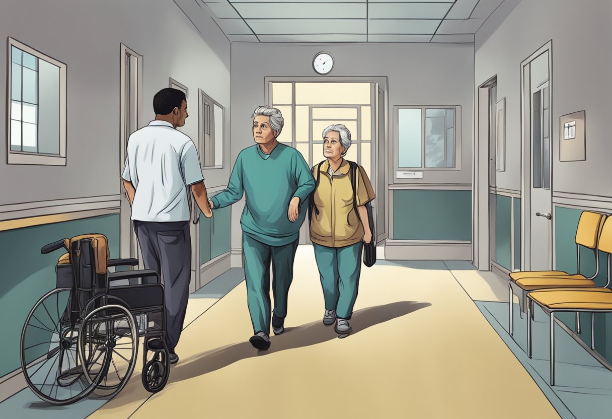 Internação Involuntária Curitiba: Entenda o Processo e Seus Direitos 6 A person being escorted into a mental health facility by two caregivers, with a sense of uncertainty and apprehension in the air