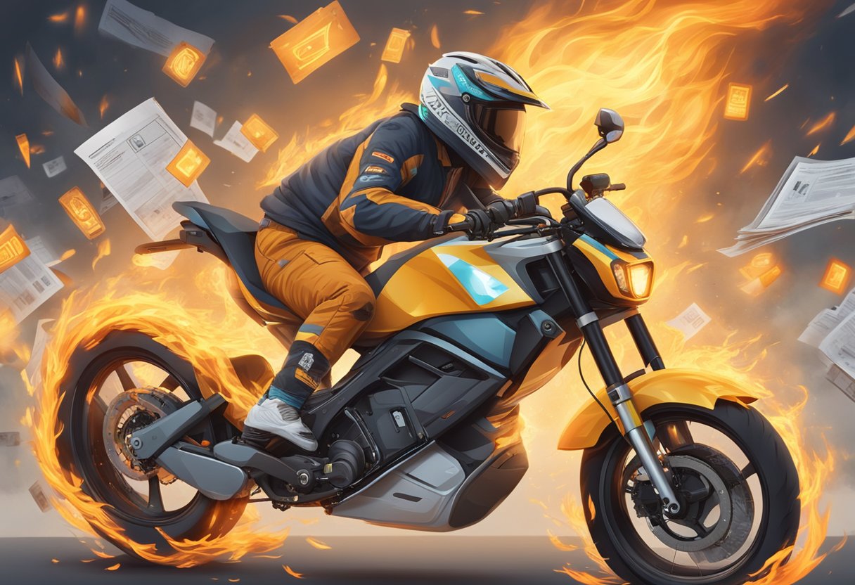 An electric bike engulfed in flames, surrounded by safety warning signs and regulatory documents