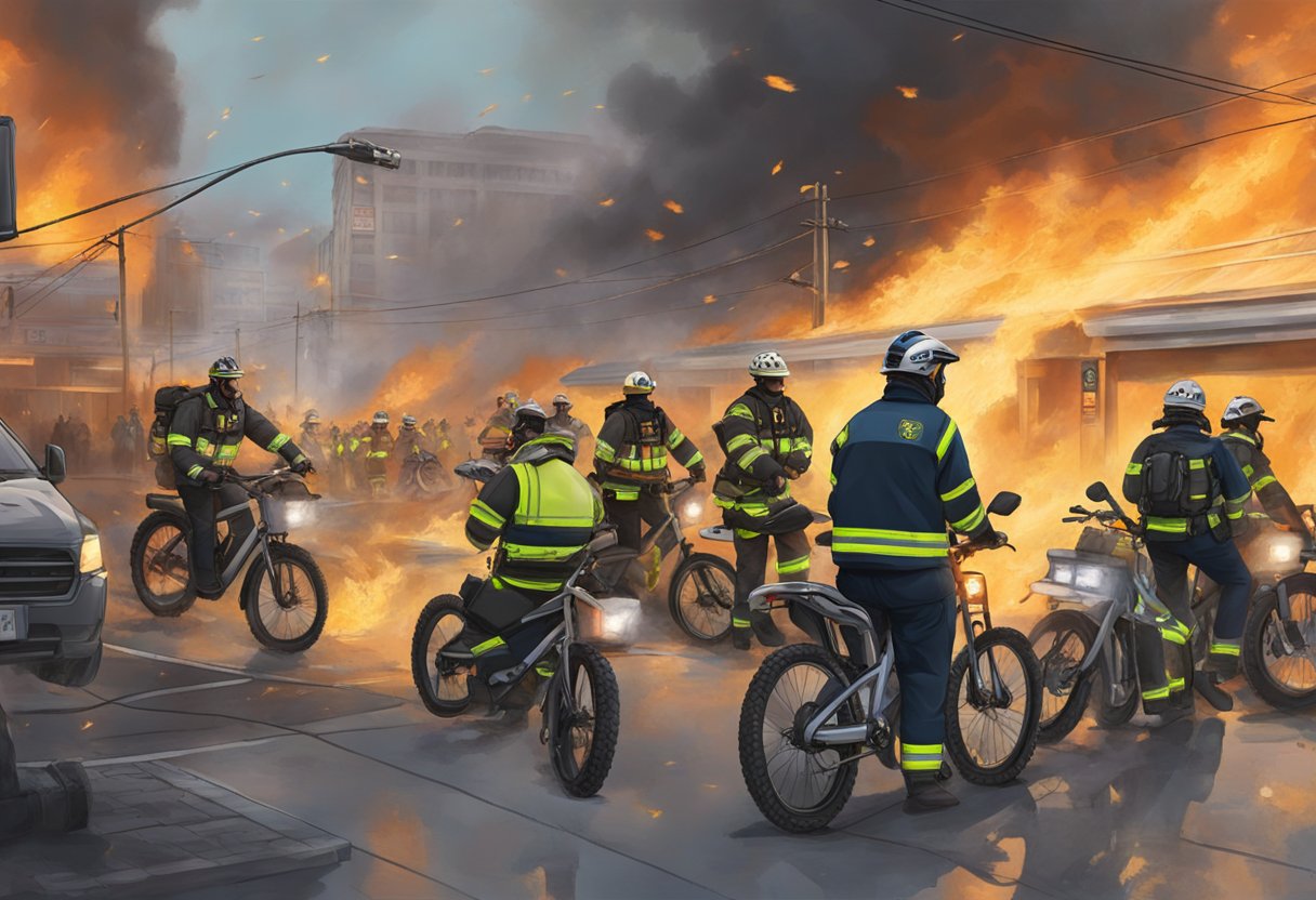 Electric bikes in flames, surrounded by emergency responders and onlookers. Smoke billows into the air as the incident response and management team works to contain the fire