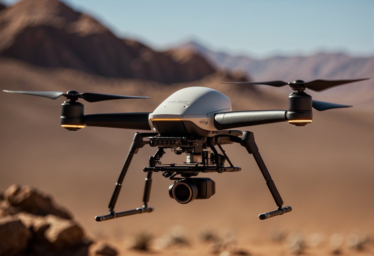 A drone hovers above a rugged Martian landscape, its advanced technology facing challenges and limitations in the harsh environment