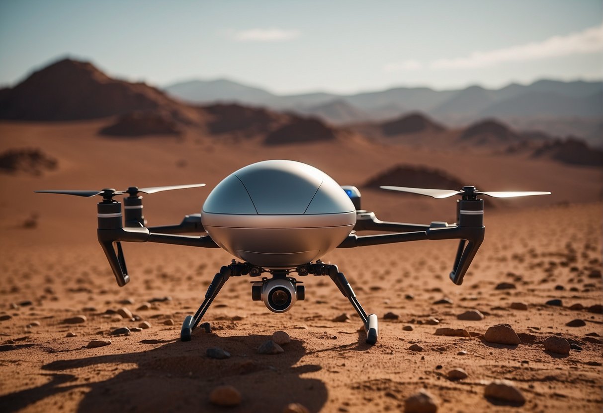 A drone hovers in front of a futuristic Mars colony, with Earth visible in the distance. The drone's advanced technology is on display, showcasing its ability to travel between planets