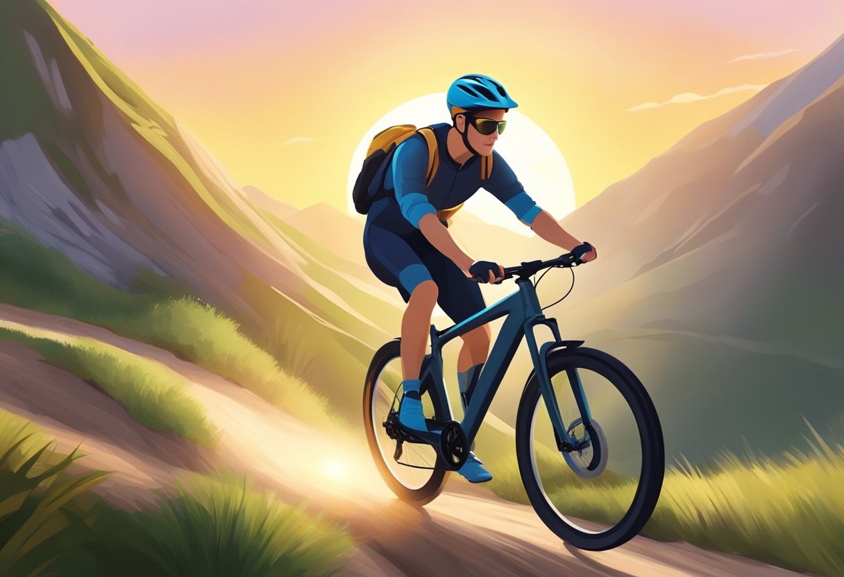 An e-bike zooms up a steep hill, its rider pedaling with determination. The sun shines overhead, casting a warm glow on the surrounding landscape