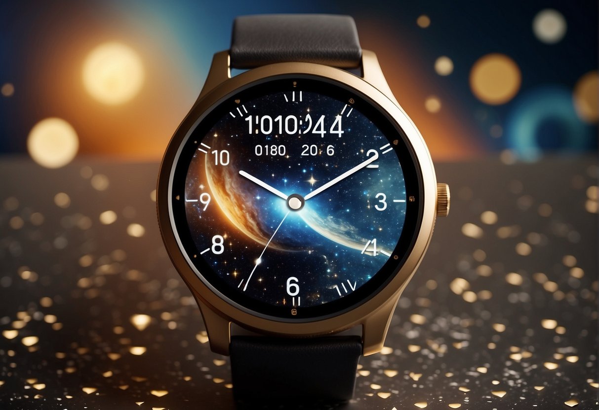 Space Gear A smartwatch with celestial features floats in space, surrounded by stars and planets. Its screen displays astronomical data and constellations