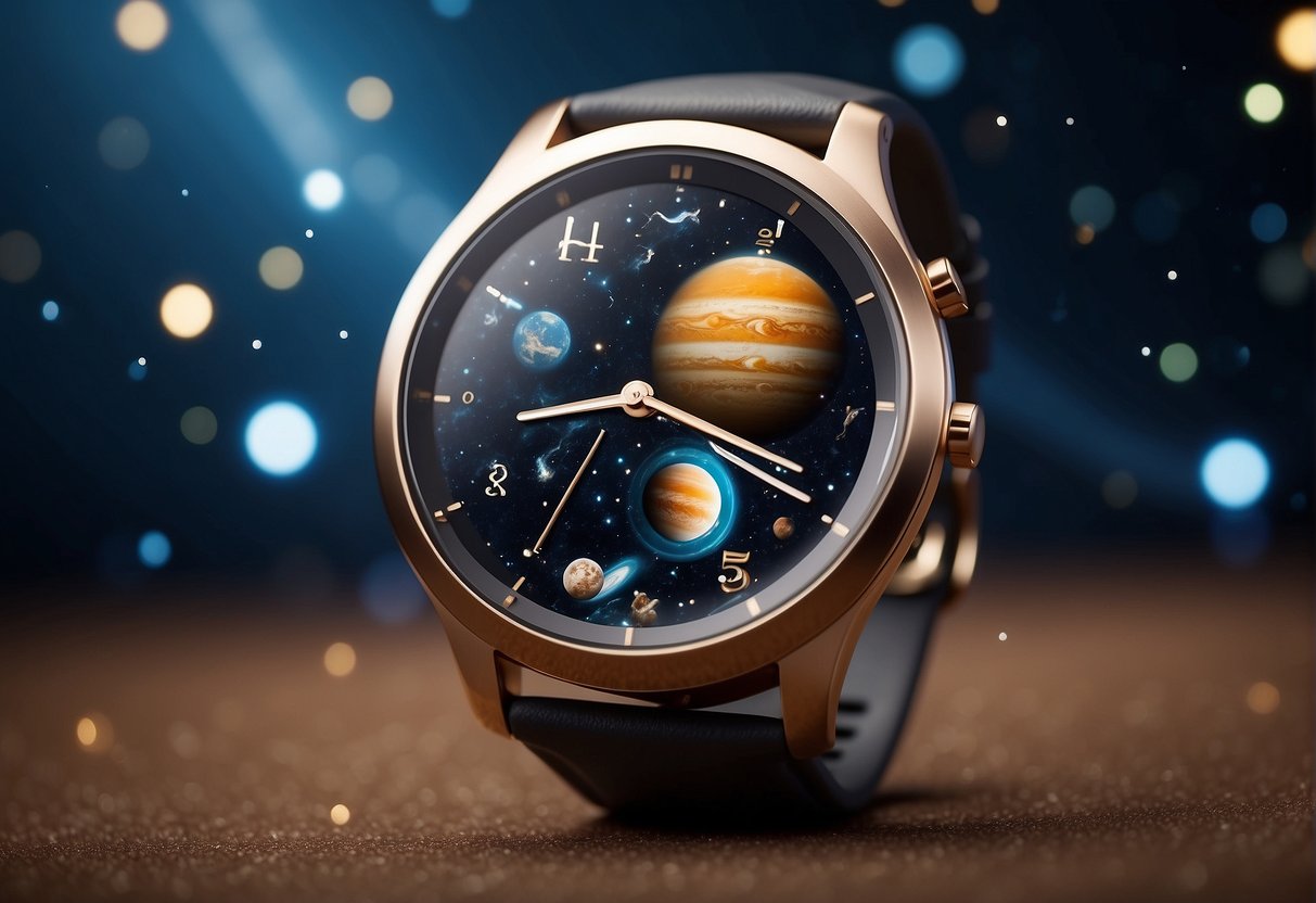 A smartwatch with astronomical functions floats in space, surrounded by stars and planets, with a sleek and futuristic design