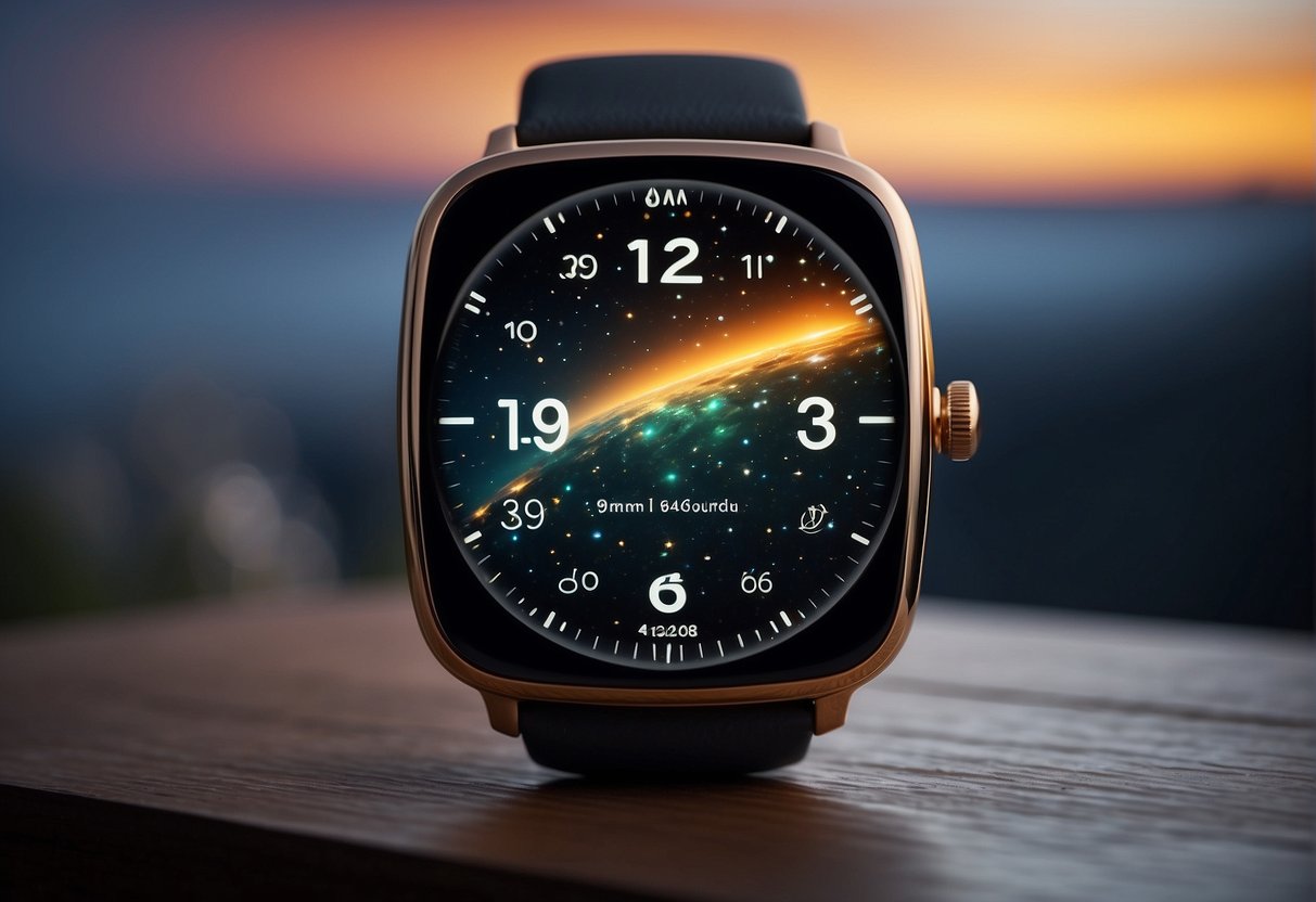 A smartwatch with celestial features glowing against a starry backdrop. The watch displays astronomical data and features sleek, modern design