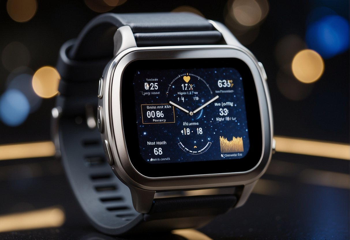 A smartwatch with astronomical functions, worn in a space setting, displaying health monitoring capabilities