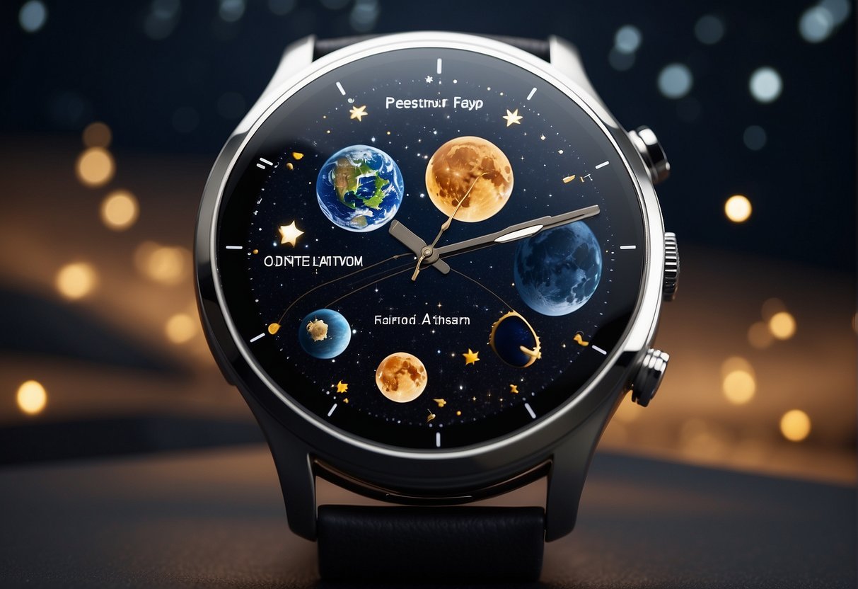 A smartwatch displaying constellations, planets, and moon phases, with a sleek and futuristic design. It is connected to a smartphone and displaying real-time astronomical data