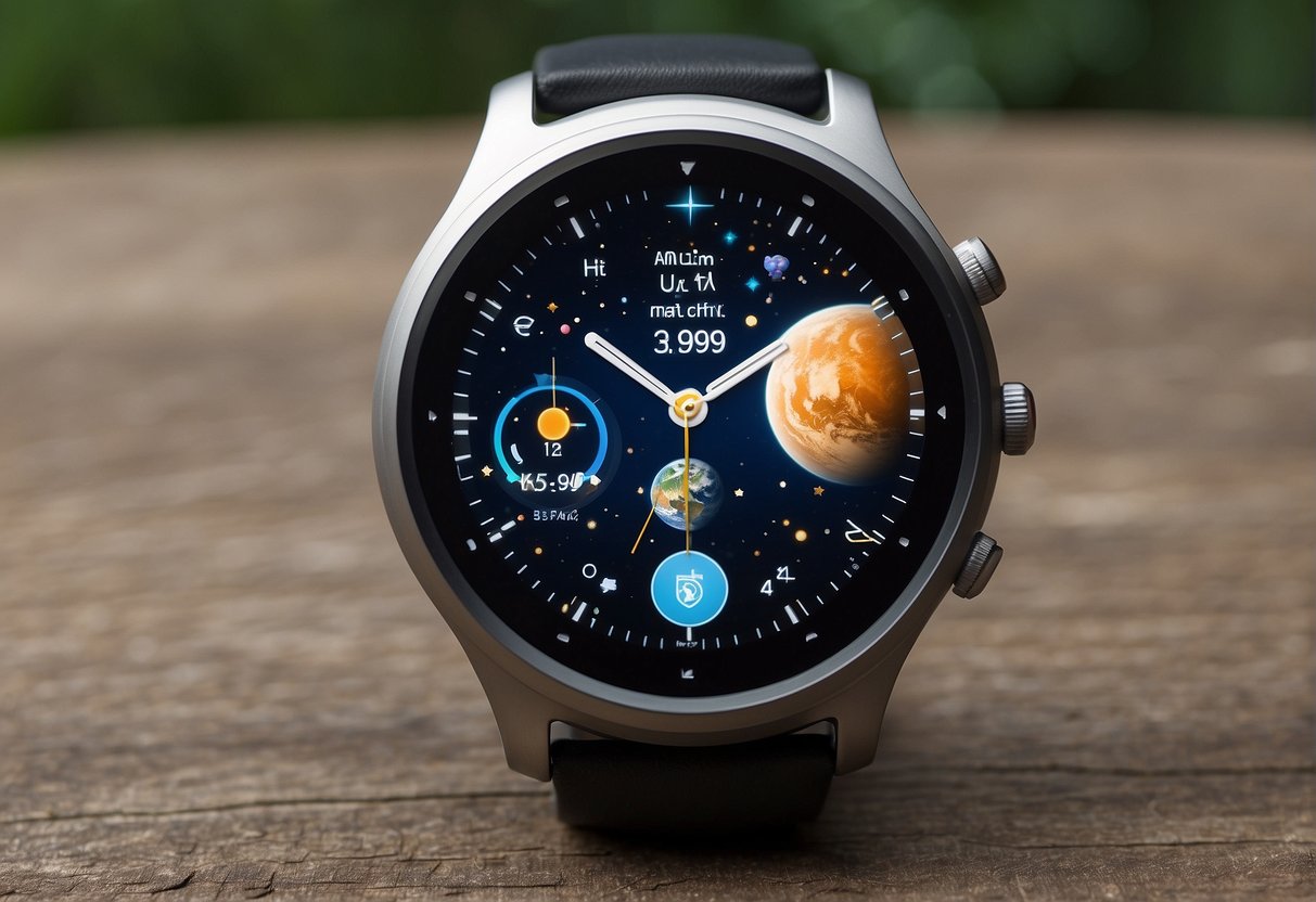 A smartwatch with astronomical functions displayed on a wrist, surrounded by various space-themed apps and software icons