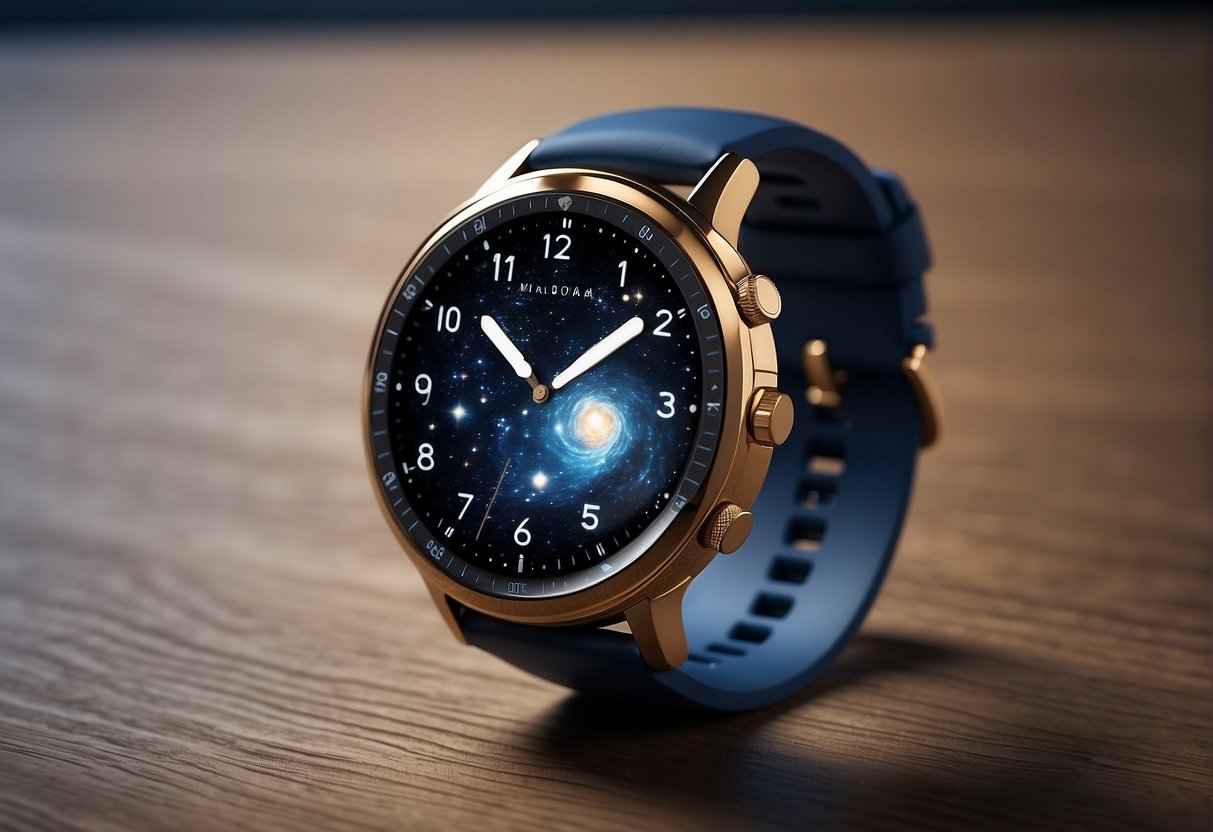 A smartwatch with astronomical functions floats in space, surrounded by stars and planets, with a focus on its data privacy and security features