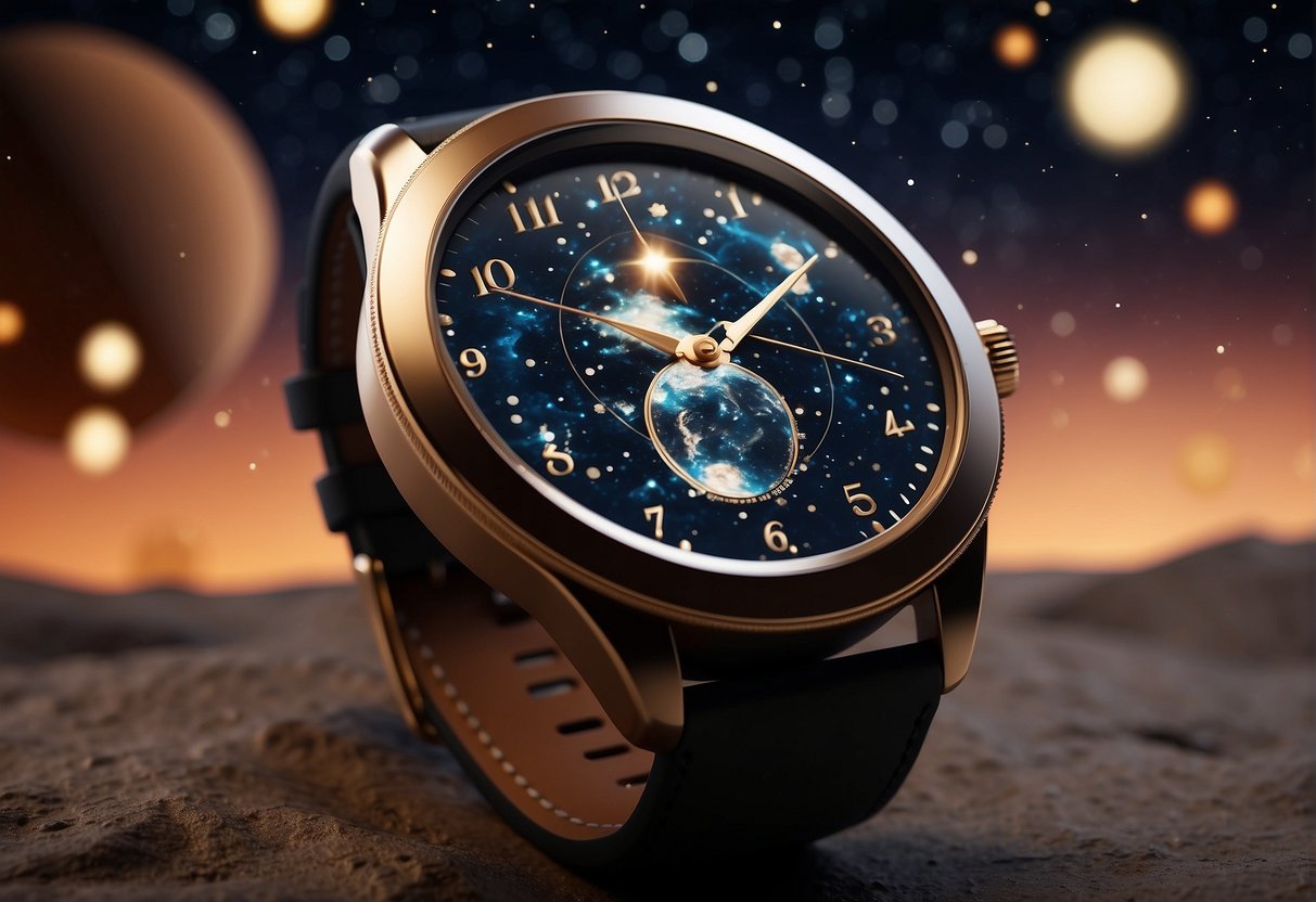 A smartwatch with astronomical functions displayed against a backdrop of stars and planets. The watch is being used in both professional and consumer settings