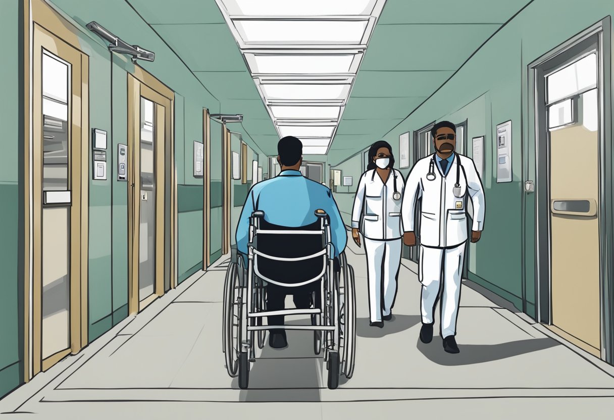 A person being escorted into a treatment facility by medical staff and security personnel. The facility is secure and well-equipped with medical and therapeutic resources