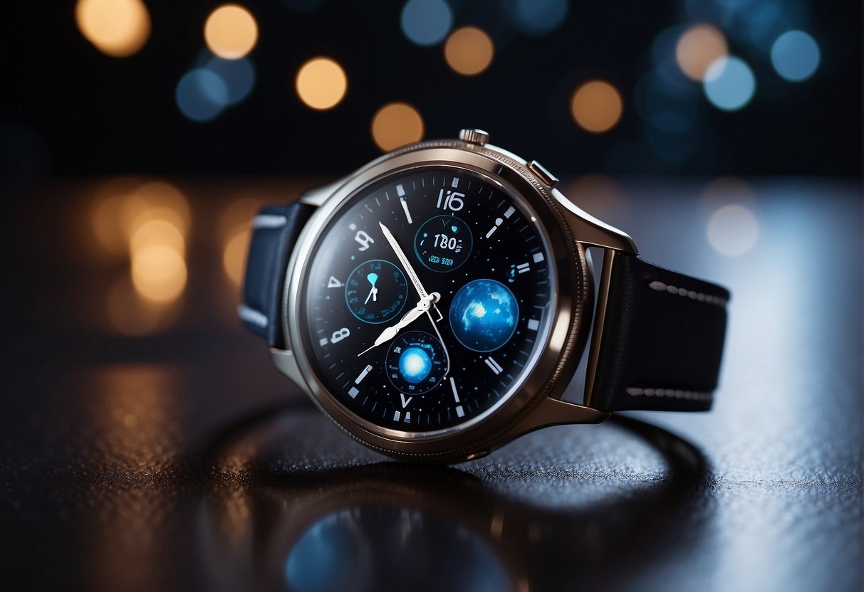 A smartwatch with astronomical functions displayed against a backdrop of stars and planets, with the Earth visible in the distance