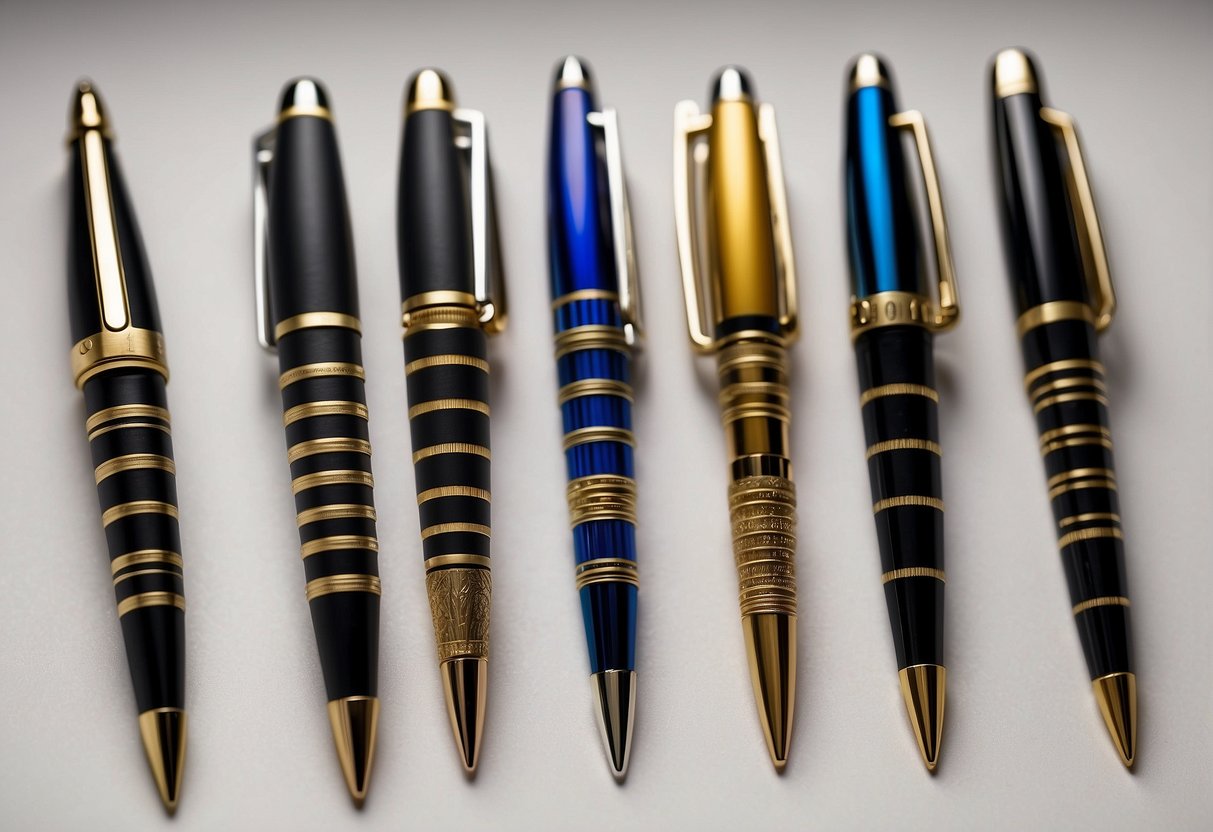 A display of space pens from different eras, showcasing their evolution and technological advancements. The pens are arranged chronologically, with accompanying labels detailing their history and significance