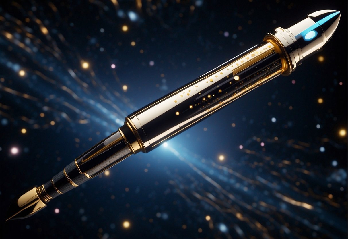 A sleek, futuristic space pen floats gracefully in zero gravity, surrounded by swirling constellations and orbiting satellites