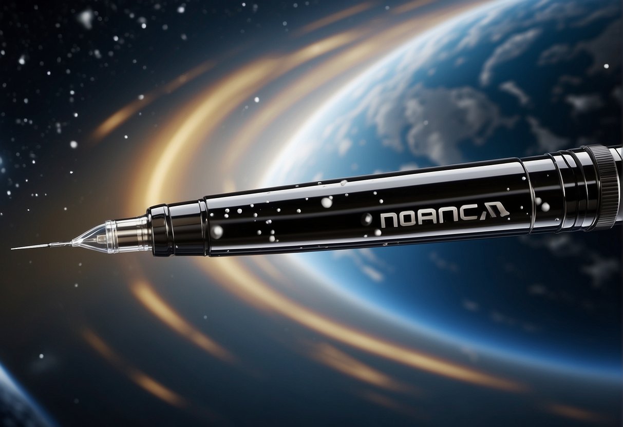 A Space Pen floats in zero gravity, its sleek design and NASA logo visible. The pen is surrounded by floating droplets of ink, showcasing its ability to write in space