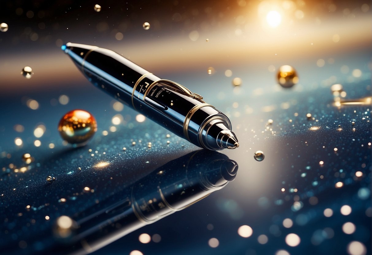 A space pen floats in zero gravity, surrounded by floating droplets of ink. The pen is depicted against a backdrop of stars and planets, symbolizing its cultural impact and history in space exploration