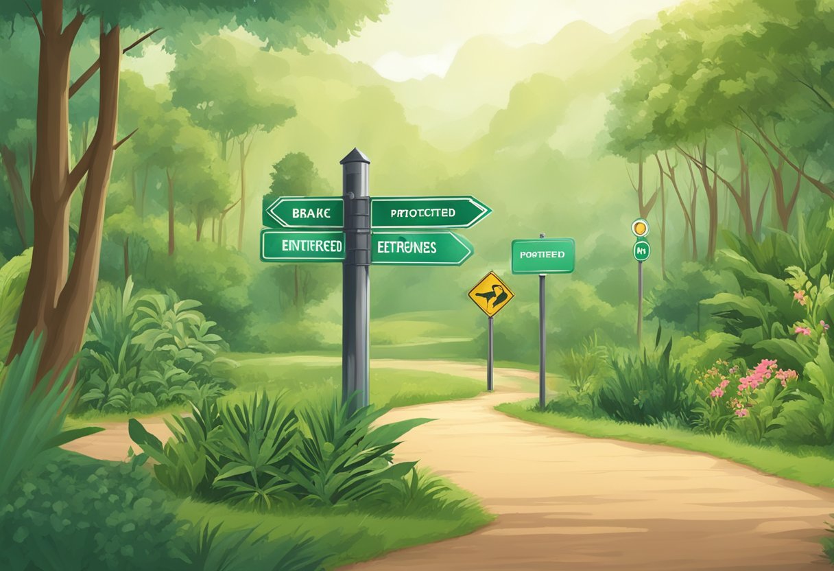 A signpost marking the entrance to a protected area for businesses, surrounded by lush greenery and wildlife habitats