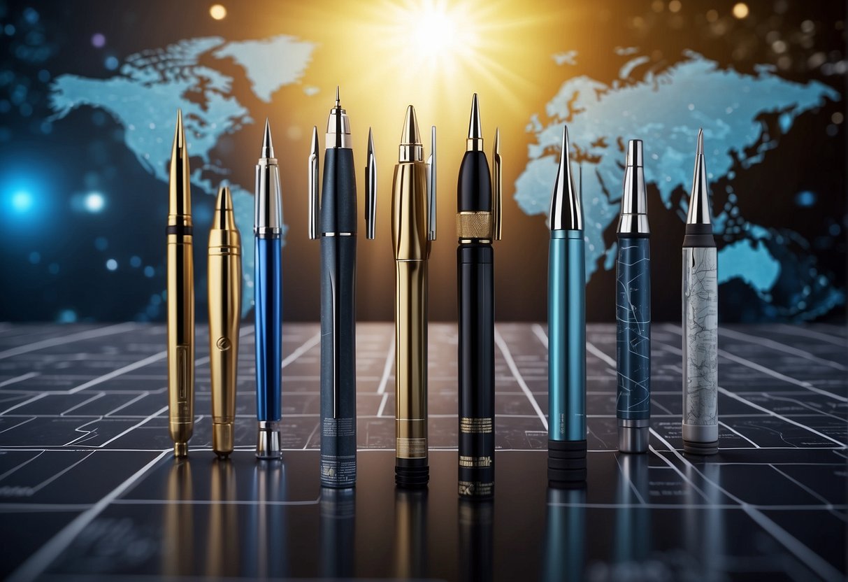 A collection of space pens displayed in a futuristic setting, with a map of the world in the background, symbolizing their global reach and impact on marketing