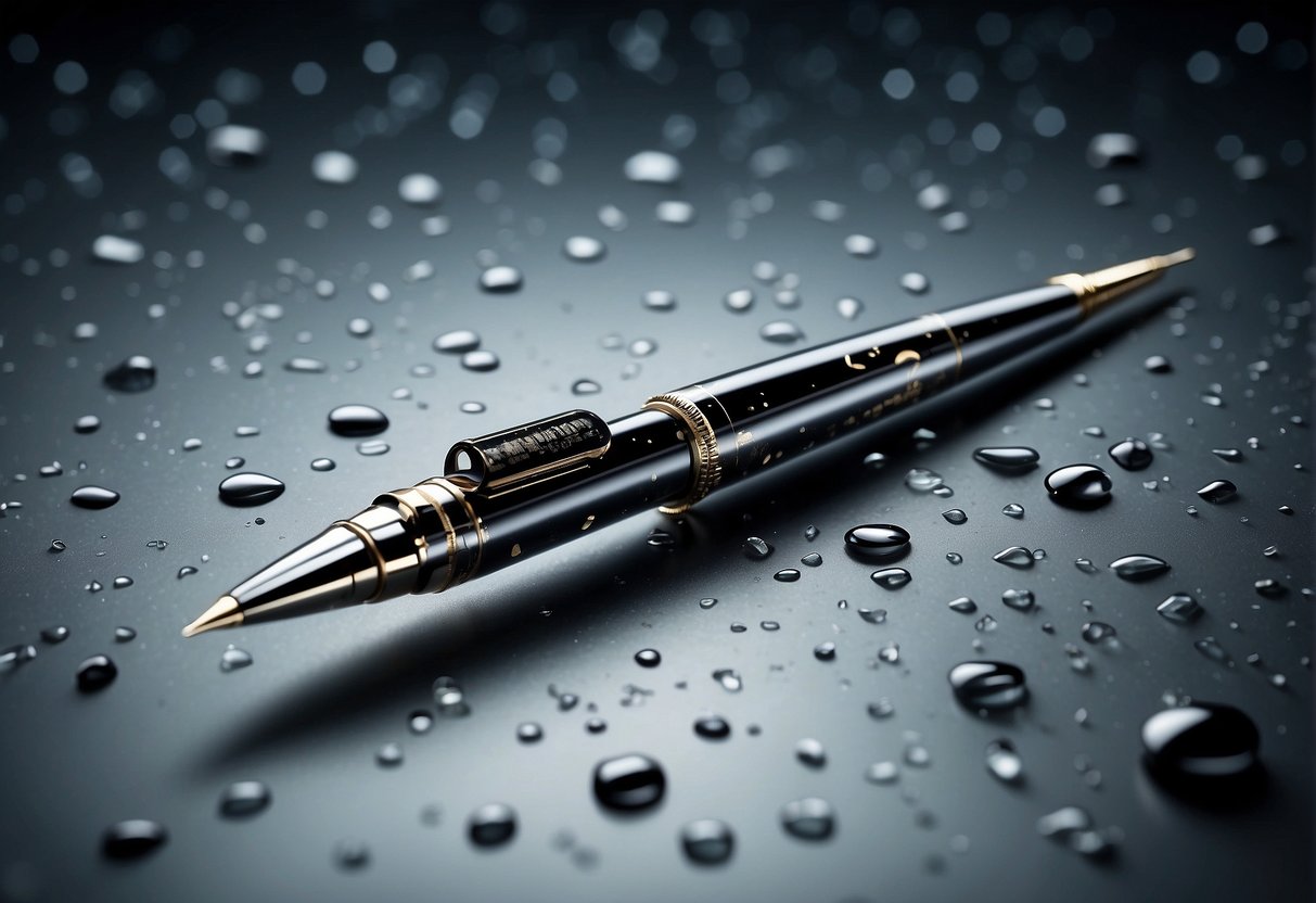 A sleek, futuristic space pen floats weightlessly in a zero-gravity environment, surrounded by floating droplets of ink. The pen is surrounded by images of historical space missions and futuristic space exploration concepts