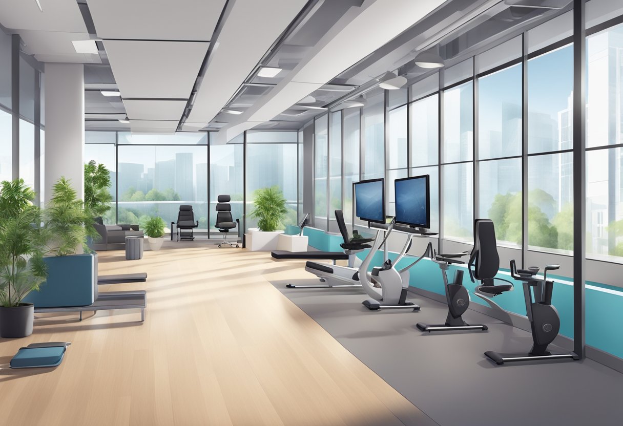 A modern office building with a dedicated area for corporate health and wellness, featuring exercise equipment, relaxation spaces, and natural lighting