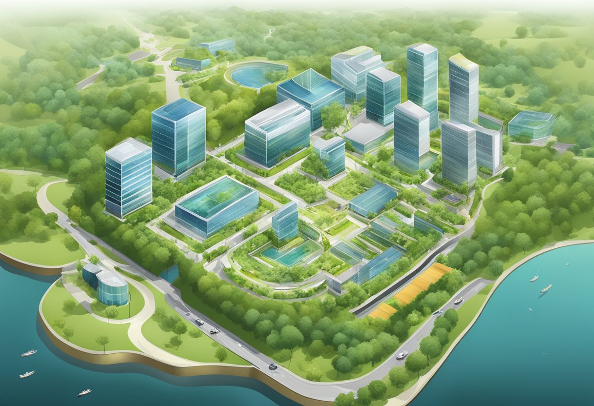 A protected area for businesses, with designated sections for different sectors, surrounded by greenery and modern infrastructure