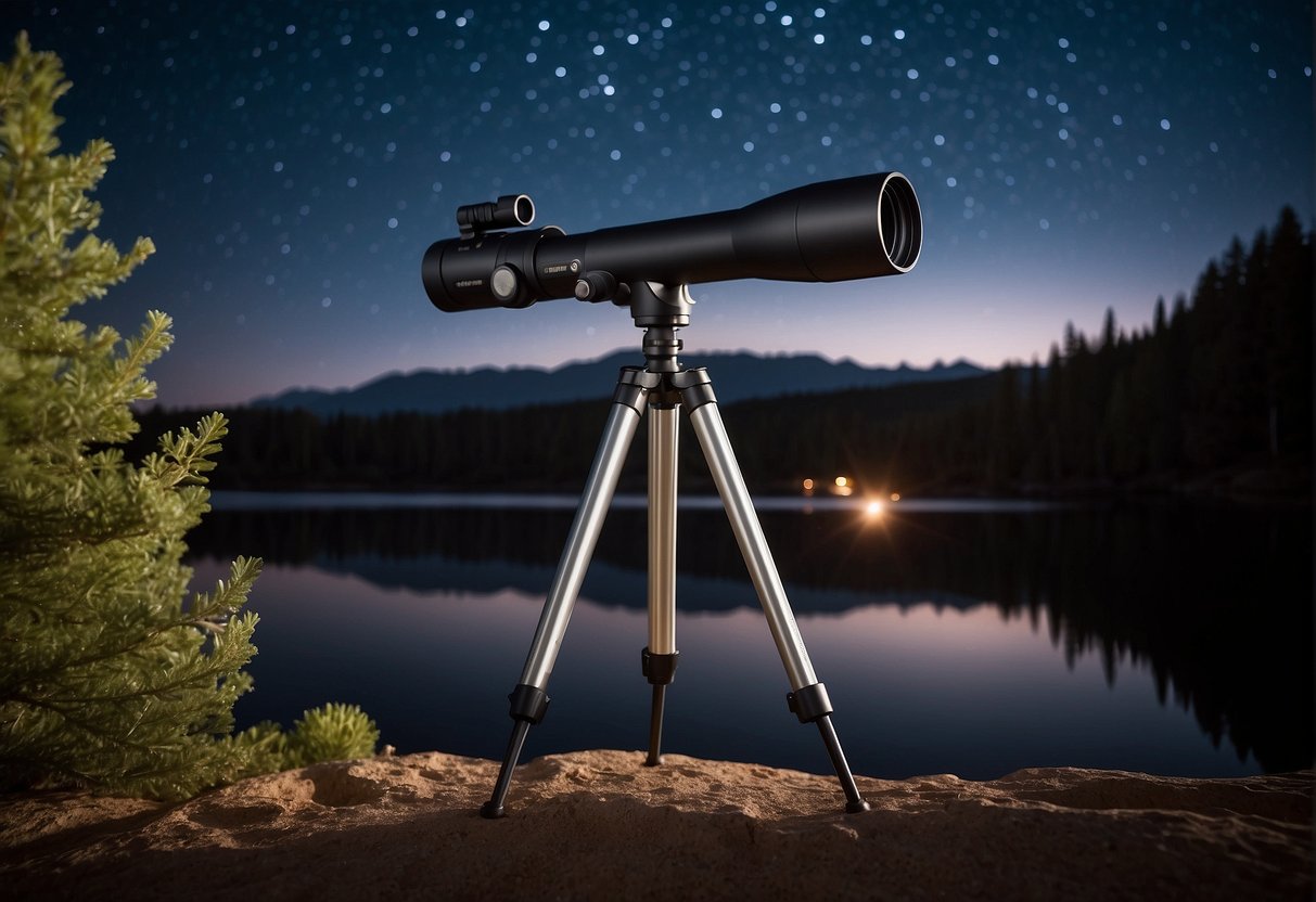 A clear night sky with stars shining brightly. A pair of high-quality binoculars sits on a sturdy tripod, ready for stargazing