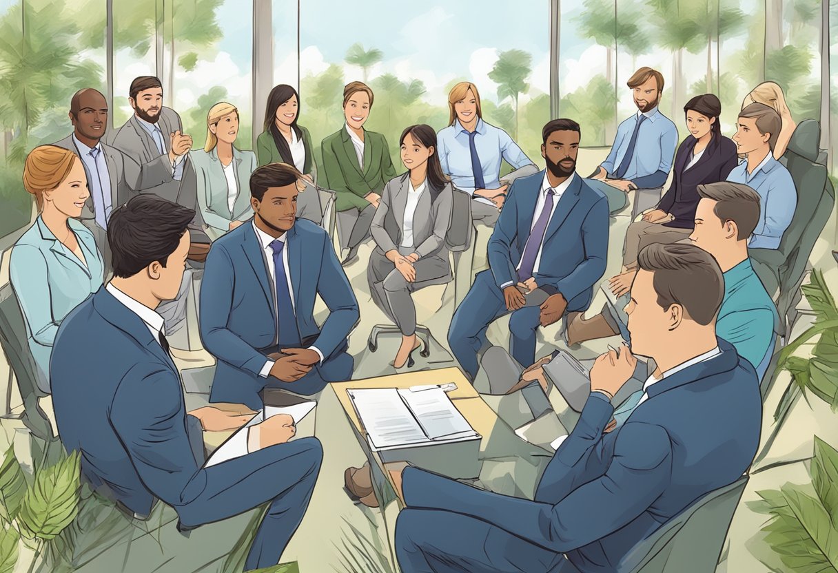 A group of successful business professionals giving testimonials in a protected area