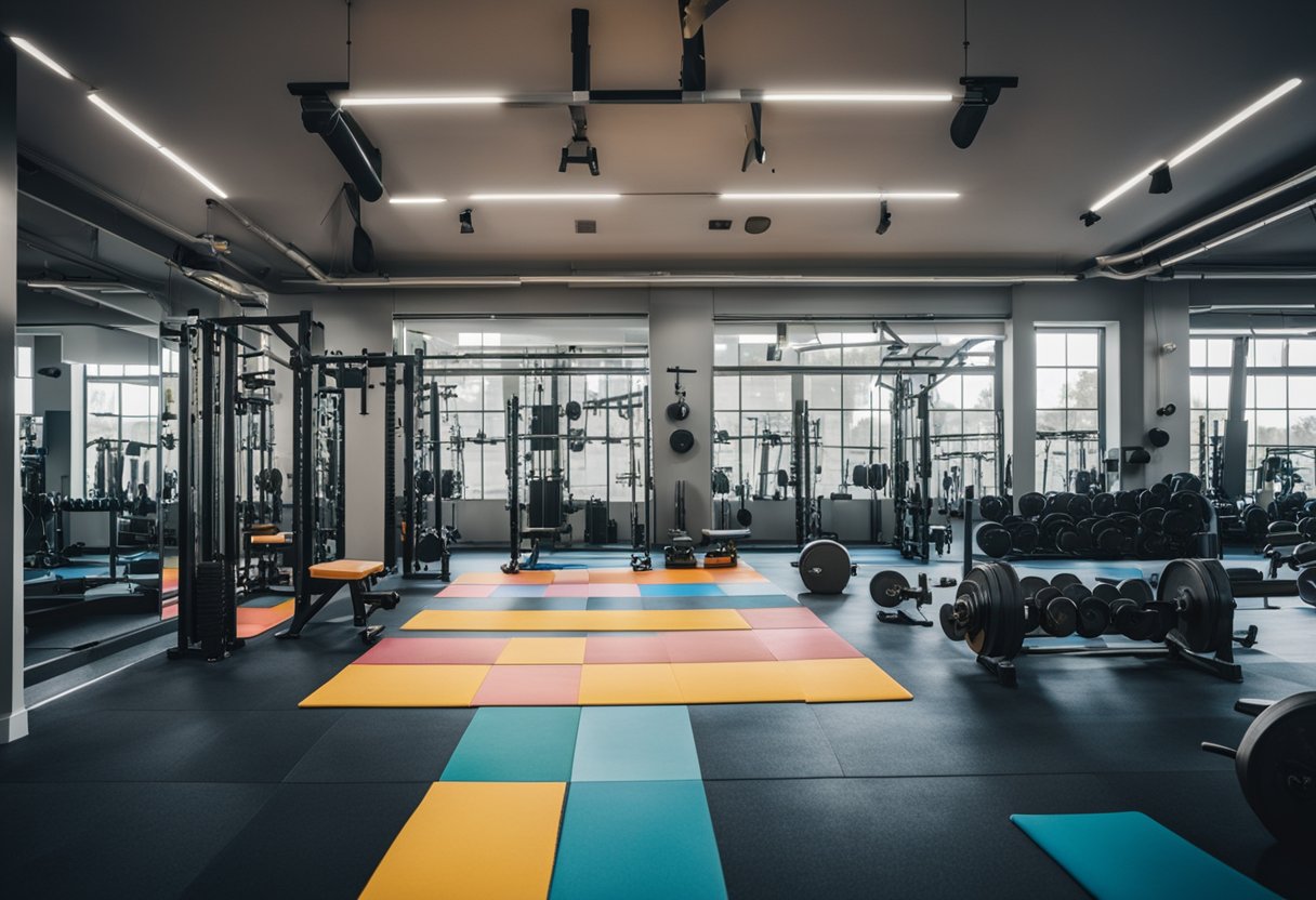 A gym with various weightlifting equipment and machines arranged neatly in a well-lit, spacious room. Mirrors line the walls, and colorful exercise mats are scattered across the floor