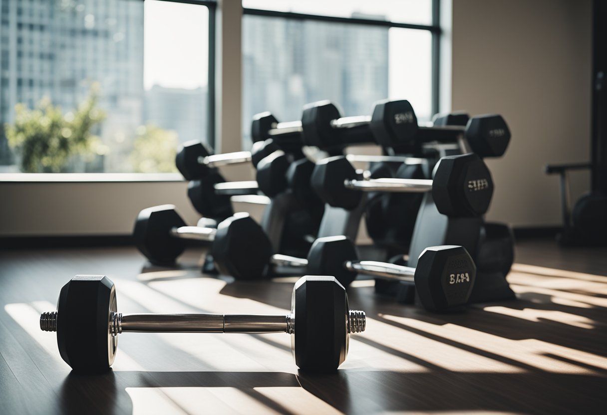 A set of dumbbells, a weight bench, and a resistance band arranged in a well-lit gym setting