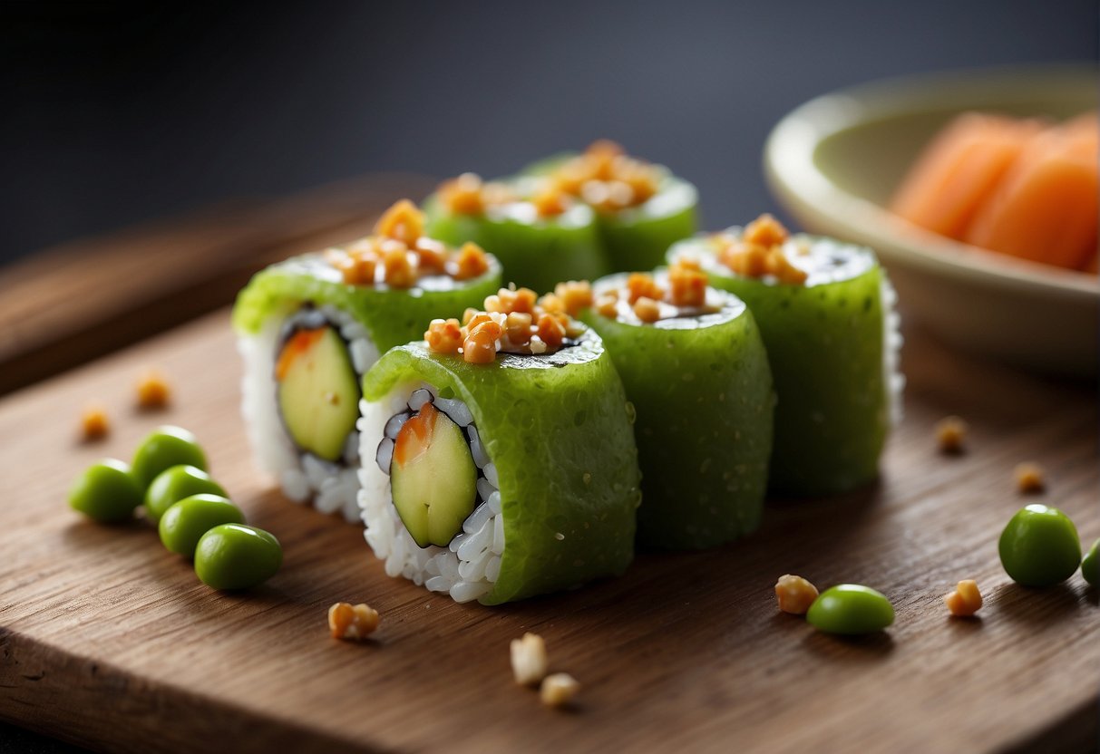 A plate of edamame sushi sits on a wooden surface, garnished with sesame seeds and accompanied by pickled ginger and wasabi